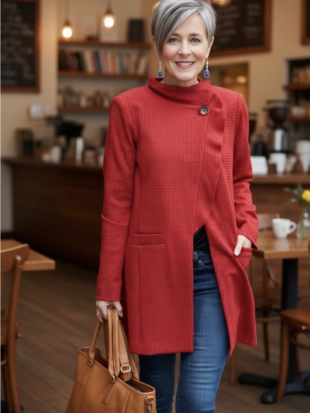 CAbi Womens Red Houndstooth Ponte Long Buttoned Coat Jacket